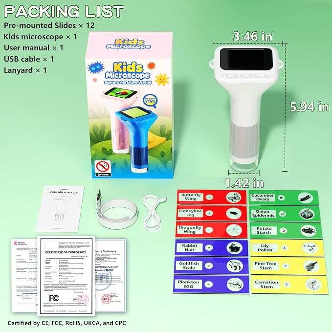 Odatay 1000X Digital Kids Microscope Kit with 12 Slides & 2" Screen, White | 1080P Imaging, Fit Ages 3-12, Standalone Pocket Science Edu Toys Gifts, Outdoor Backyard Bugs Exploring, Anti-drop Lanyard