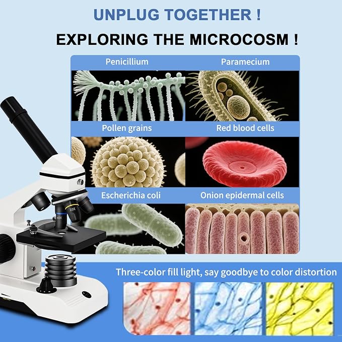 M2 Dual Power Supply Compound Monocular Microscope 40X-2000X for Adults & Students All-Metal STEM Lab Kit with Glass Optics, Dual LED, Slides & Carry Case