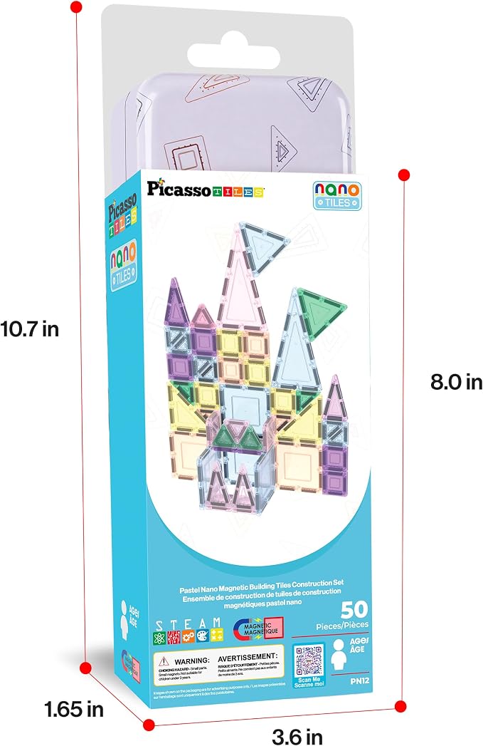 PicassoTiles 50PC Magnetic Tiles Travel Set Nano + Original Size Construction Building Block 2-in-1 Tile Collection with Tin Box Storage Case Montessori STEM Activity Learning Kit Kids Ages 3+ PN12