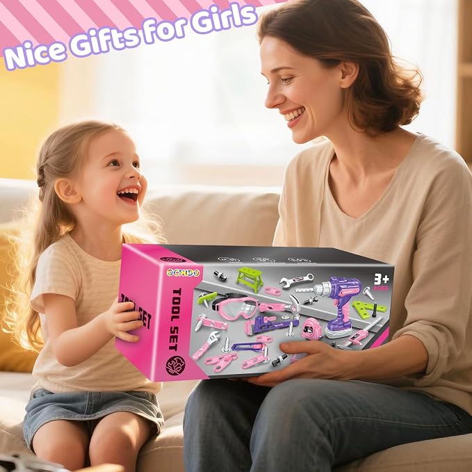 Kids Tool Set, Toddler Tool Box, Toy Drill, Construction Toys for Ages 3-5 | 46 Pcs Kids Toy Tools Kits for Toddlers Pretend Role Play, Christmas Birthday Gifts for Boys Girls Ages 3 4 5 6 7 8, Pink