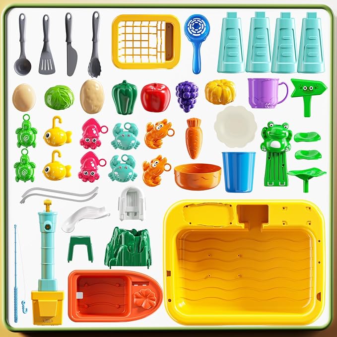 Kids Water Table Play Toy for Toddlers 4-8 Years Old | Kitchen Sink with Pump and Flowing Water, Fishing Games, Outside Sensory Gift Toys for Boys and Girls 3 4 5 6 7 8