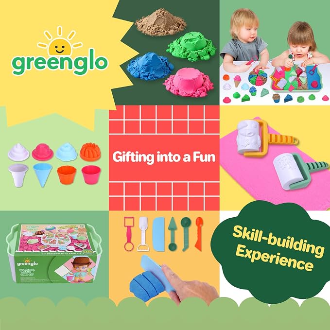 greenglo Kids Sensory Sand Playset - 2.2 LBS Colored Sand (1* Soft Magic, 3* Firm Modeling) with 23 Cake & Dessert Molds w Sensory Bin, Educational Sand Kit for Toddlers & Kids Ages 3-8