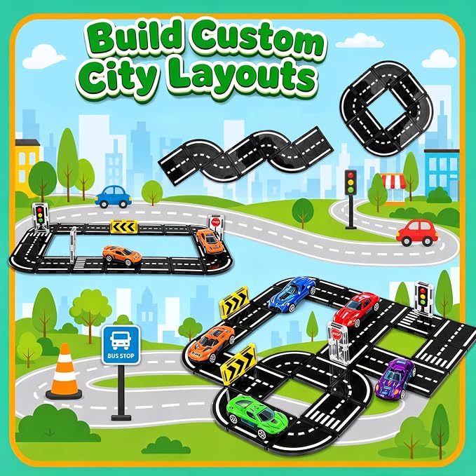 Magnetic Tiles Road Set with Cars, Magnetic Blocks for Kids Ages 4-8 | 6 Cars, Traffic Lights & Road Signs, STEM Construction Toy for Boys Girls Ages 3-5 4-8 5-7, Expansion Magnetic Building