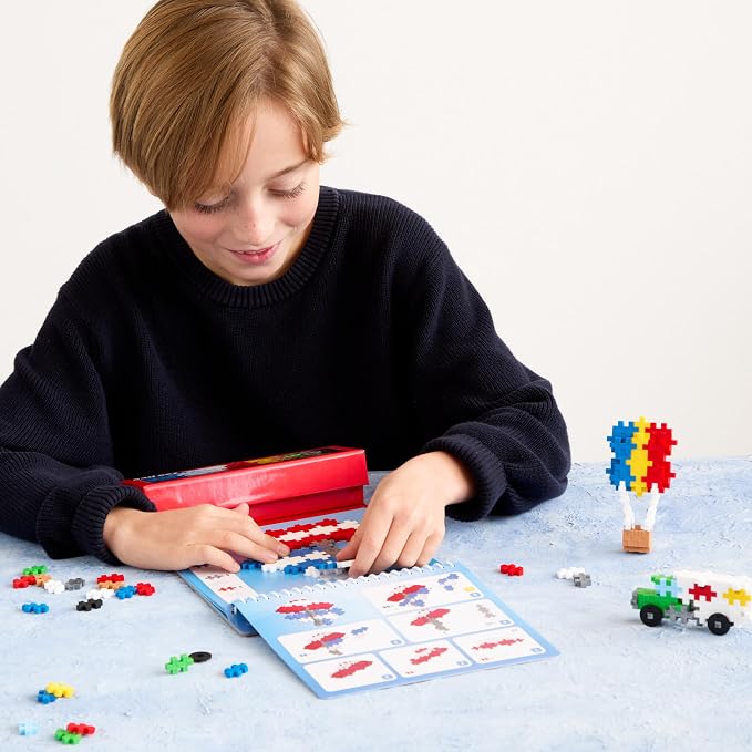 PLUS PLUS Puzzle By Number Activity Pad, Transportation - Building Blocks | Roadtrip Essentials for Kids, Interlocking Waffle Blocks, Stem Toy, Airplane Activities for Kids, Kid Car Ride Must Haves