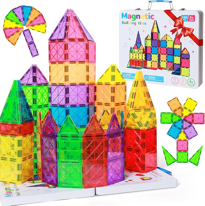 Premium Magnetic Tiles 100pcs: Durable STEM Building Blocks Kids 3-8 | Iron case with handle, lid as play base. 7.5cm tiles, sealed, ASTM & CPSIA safe. Montessori STEM for preschool. Gift 3-8