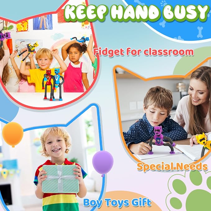 4PC Robot Dog Sensory Pop Tube Travel Toys for Boys Toddler Kid Airplane Car Toy Activities Autistic Road Trip Suction Tube for Boy 3 - 8 ADHD Autism Easter Basket Stuffers Valentine Gift