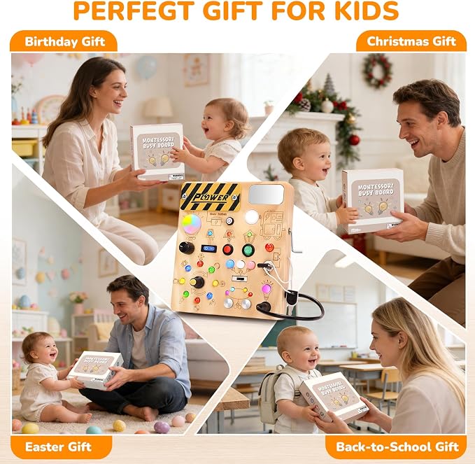 Busy Board for Toddlers - Montessori Toys for 1-3 Year Old Boys & Girls | 12 Switches & 22 Lights Sensory Activity Board, Develops Fine Motor Skills, Educational Travel Toys, Birthday Gift for Kids