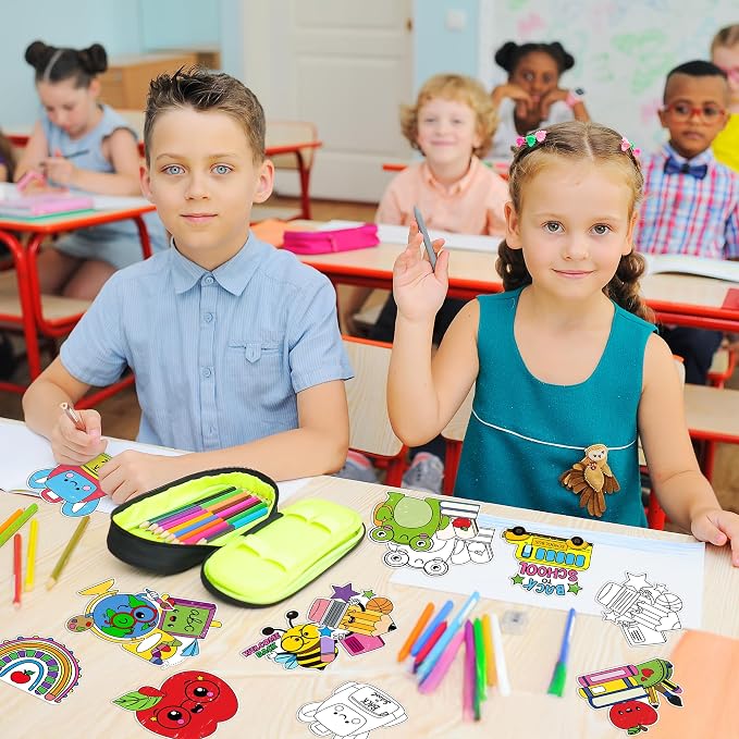 Back to School Coloring Arts Crafts Kits - 30Pcs Color Your Own First Day of School Magnets for Kids DIY School Bus Coloring Magnet for New School Year Party Fridge Refrigerator School Activity Decors