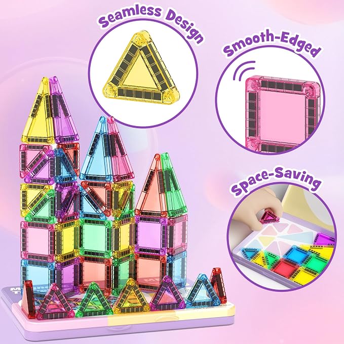 42PCS Magnetic Tiles Travel Storage Mini STEM Blocks Iron Box 3-8 | Portable Montessori educational magnetic building tiles for airplane, car rides & on-the-go creative play, durable and fun