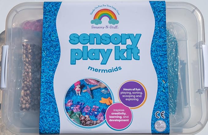 Mermaid Sensory Bin Kit for Kids | Blue Rice, Pinto Beans, Mermaids, Gems, Shells & Treasure Chest – Ocean-Themed Sensory Play with Storage Bin