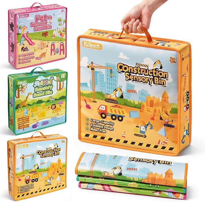 Billeeit. 3 Pack Sand Box Sensory Bins with Zipper Lid & Carry Handle | 15 Inch Printed Foldable Portable Stackable Sand Play Storage Bins for Kids 3+ Indoor & Outdoor Toy