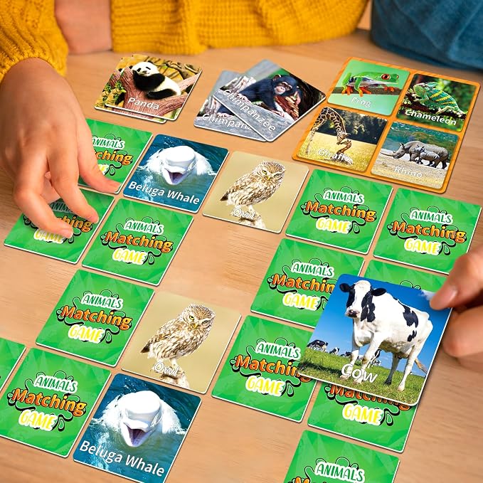 YTSQLER 100 PCS Animal Memory Matching Game | For kids Ages 4-8, toddlers 3-5, Preschool Learning Activities, Family Board Game, Animal Learning Card Game
