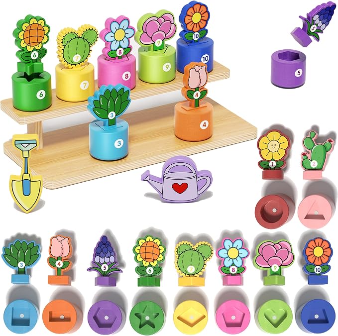 GJZZ Montessori Shape Color Sorting Toys, Flower Garden Wooden Set | Learning, Number Cognition, Fine Motor Skills, Role Play for 2 Year Old Girl