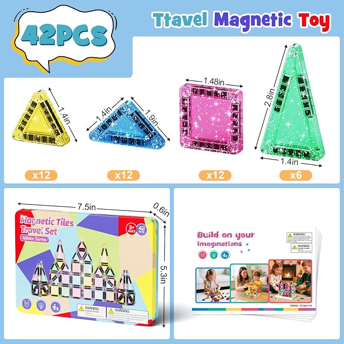 Travel Glitter Magnetic Block Set with Storage Box | STEM Educational Sensory Preschool Building Toy for Toddlers, Ideal Kids Gifts for Ages 3-6