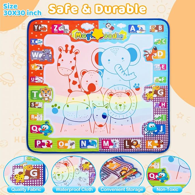 KIZZYEA Toys for 2 3 4 5 6+ Years Old Boys Girls, Water Doodle Mat for Kids, Large Coloring Painting Writing Magic Mat with Neon Colors, Educational Toys Christmas Birthday Gifts for Age 2-4, 3-5