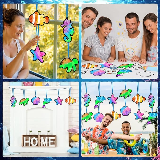 Qyeahkj 36 Set Sea Animals Suncatchers Craft for DIY Summer Tissue Paper Craft Kit Under the Sea Stained Glass Window Ornaments Decoration for Home Art Project Party Favor Gift