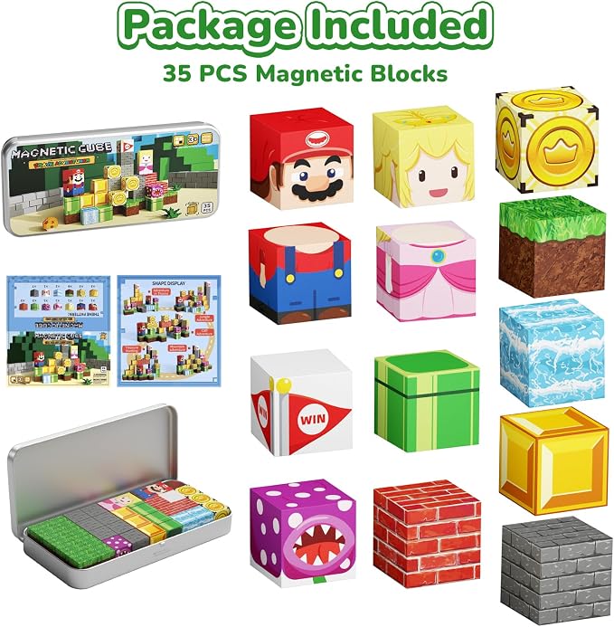 Magnetic Adventure Travel STEM:35PCS Mini Blocks Kit for Ages 3-5 | Magnetic Tin Box Baseplate, 35 Adventure Builds, 40+ Min Focus, 0.8in Mini, N32 Magnets, ASTM Certified, Travel Ready
