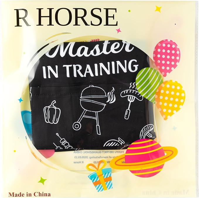 R HORSE Kid Apron and Chef Hat Set - 2Pcs Adjustable BBQ Mini Grill Children Kitchen Apron, Dress up Role Play Chef Toy Funny Cooking Baking Painting and Training Kits for Kids Birthday Gift