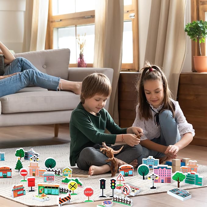 Kathfly 36 Pcs Wooden Community Helpers Buildings, Career Figures Toy | Multicultural Career Blocks for Social Emotional Learning, Creative Play Figures, Preschool Classroom Teaching Wooden Set