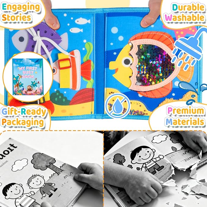 DEGIDEGI Montessori Busy Book for Toddlers, Educational Sensory Activity Book with Life Skills Training, Quiet Travel Toy for Car and Airplane, (Deep Blue)