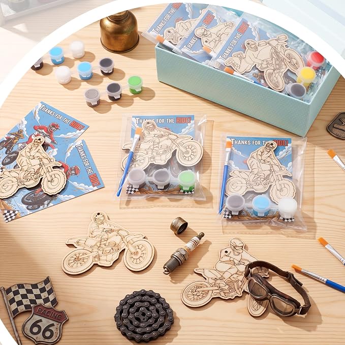 Saypacck 24 Pcs Dirt Bike Party Favors Wooden Paint Craft Kits | 12 Motocross Wood Pieces with Paint Palettes, Organza Bags Included, Ideal for Goodie Bag Fillers and Thank You Gifts