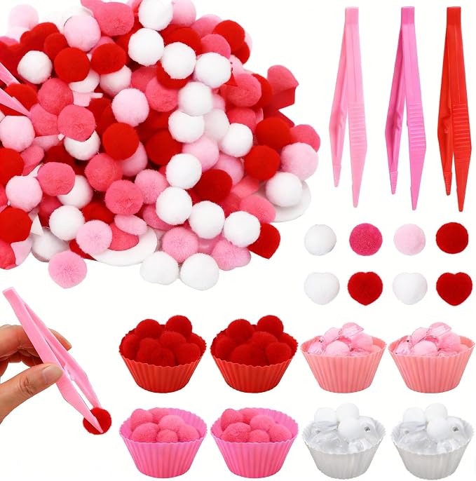 Kaiolbly 241 Piece Valentine's Day Sensory Bin Filler Kit with Pom Poms | pink Pom Poms,Acrylic Hearts,Muffin Cups for Creative Sorting