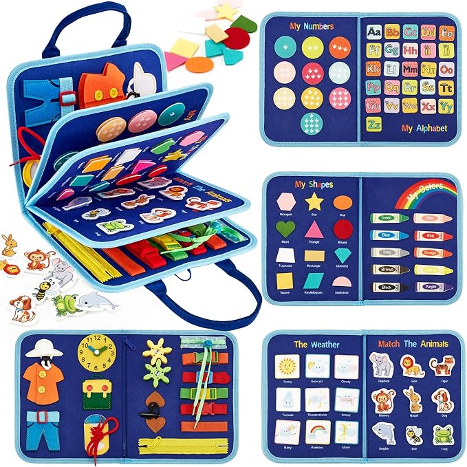 hahaland Montessori Busy Board for Toddlers, Preschool Learning Activities | Life Skills, Alphabet, Number, Shape, Color, Animal, Weather, Toddler Boy Learning Educational Busy Book Airplane Travel Toy