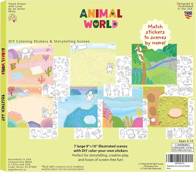 Animal World DIY Coloring Stickers for Kids - Arts and Crafts Kit, Color Your Own Sticker Set, Road Trip Travel Activity, Storytelling Craft Kits Birthday Gift for Girls, Boys Ages 3-10+