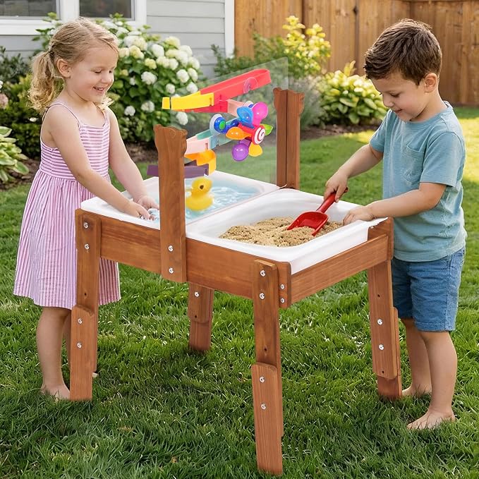 PHOKID Sand and Water Table for Toddlers,Wooden Sensory Play Activity Table,2 Sensory Bins, Acrylic Board & Water Track Toys,Montessori Kids Tables Learning Toy for Age 3+,Orignal Cedar Wood