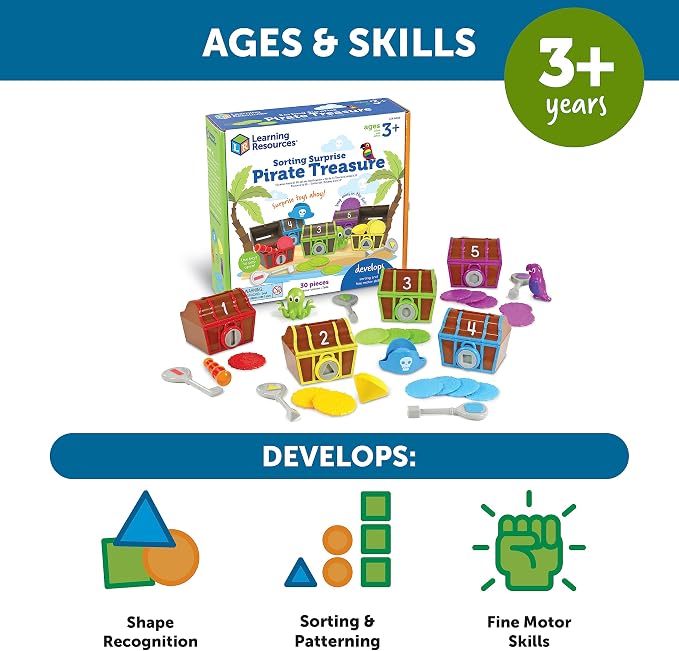 Learning Resources Sorting Surprise Pirate Treasure - 30 Pieces, Ages 3+ Color, Sorting & Matching Skills Toy, Fine Motor Skills Toys for Toddlers, Preschool Learning Toys