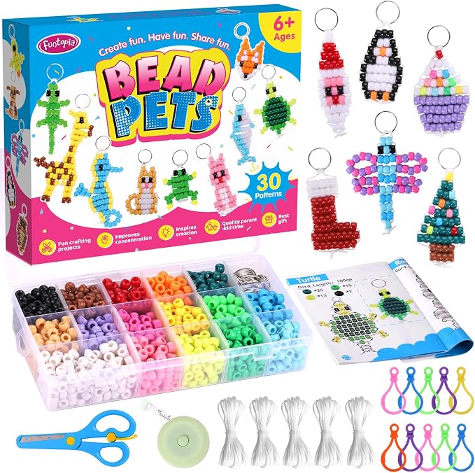 Beads for Crafts, Pony Beads Keychain Making Kit, Bead Pets for Kids Girls | Funtopia Bracelet Making kit Beaded Animal Set Birthday Party DIY Art Crafts for Girls Boys Beginners(1500 Bead, 30 Designs)