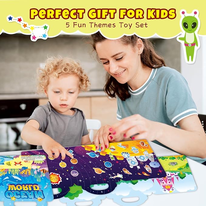 Sticker Books for Toddlers 2-4 Years, Travel Sticker Book with Washable Jelly Stickers, Foldable Carry Handle Quiet Toy, 5 Theme Scenes for Kids 3-5, Dinosaur+Space+Ocean+Fairy Tale+Pizza