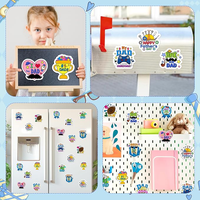 Father's Day Coloring Arts Crafts Kits - 30Pcs Color Your Own Happy Father's Day Magnets for Kids DIY Beard Trophy Coloring Magnets for Holiday Party Fridge Refrigerator School Activities Decorations