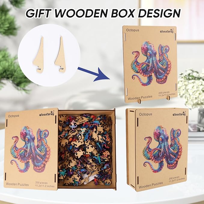 Qiuenisray Wooden Puzzles 1000 Pieces, Octopus Ocean Jigsaw Puzzles | Wooden Adults Puzzle, FSC Certified Unique Shape Adult Puzzles Pieces, Wall Decor for Family Game 23.4x23.5 in