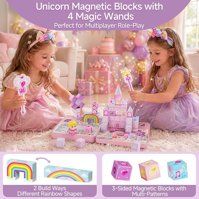 Unicorn Magnetic Blocks Girls: 48 PCS Princess Castle Building Set | Exclusive Cones & Wands, 300+ Build Combos, 60+ Min Quiet Play, Sturdy Tin Box, Travel Toy for Girls Ages 3-8