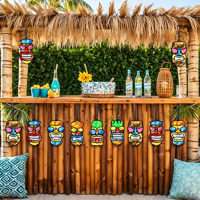 Qyeahkj 36 Set Tiki Theme Suncatchers Craft Tropical Hawaii Suncatchers Craft Kit Summer Luau Window Tissue Paper kit Window Hanging Decoration for Home Art Project Party Favor Gift