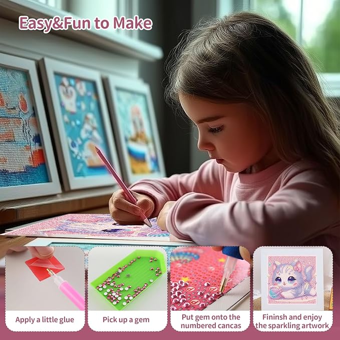 Gemozaic Cat Diamond Art Kits for Kids Ages 8-12 with Frame, 7 x 7 Inch | Cute Kitten Diamond Art for Kids 10 Year Old, DIY Easy Kid Big Gem Painting, Animal Arts and Crafts for Girl Birthday Gift