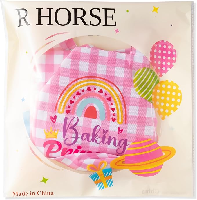 R HORSE 2 Pieces Kid Apron and Chef Hat Set, Children Role Play Chef Toy | Coquettish Pink Baking Princess Adjustable Kitchen Apron for Girl, Ideal for Cooking, Baking, Painting, Cooking Birthday Gift