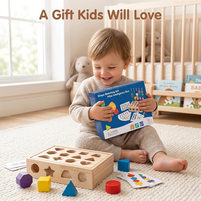 Sorting Stacking Sequencing Lacing Beads Toy with Pattern Cards | 4 in 1 Montessori Wooden Shape Sorter Toy, Fine Motor Skills Learning Toy for Toddlers Preschool Boys Girls