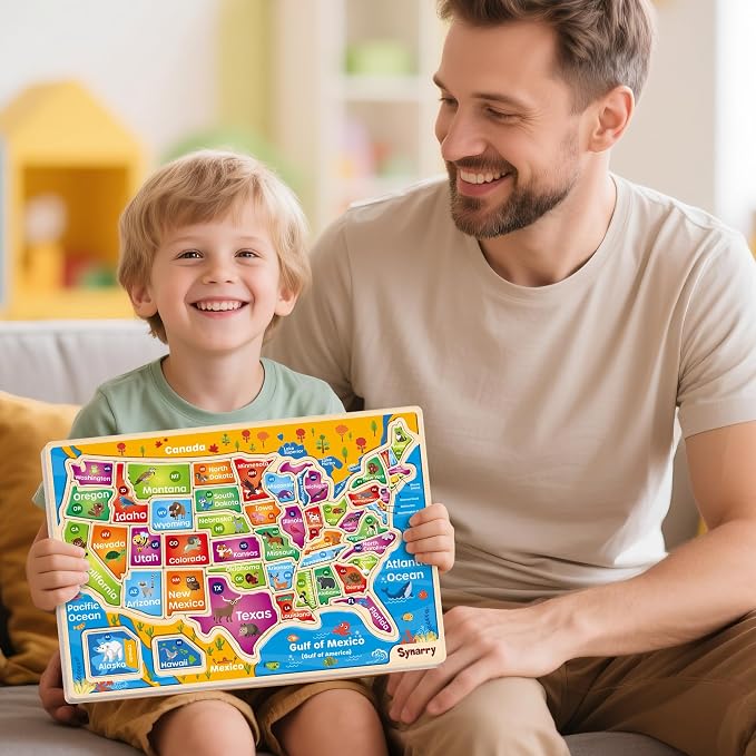 SYNARRY Large USA Wooden Puzzles for Kids Ages 3-5, Learning United States Map Puzles for Kids Ages 4-6, Wood Jigsaw Puzzles Educational Games Toys Gifts for Boys Girls Ages 3-8
