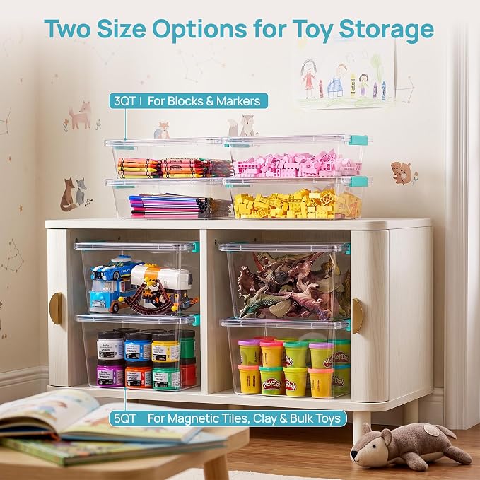 Vtopmart 4 Pack 3 Qt Clear Storage Bins with Lids for Building Blocks,Craft | Stackable Plastic Organizer Box for Home, Classroom, Office, Craft Room, Small Containers for Art Supplies, Stationery