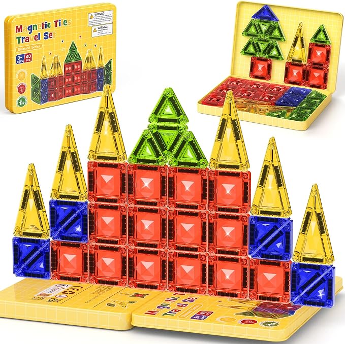 40PCS Magnetic Tiles Travel Storage Diamond Blocks 10% Thicker 3+ | Magnetic tiles with diamond texture & yellow box. Great for travel, car rides, Montessori play & on-the-go fun