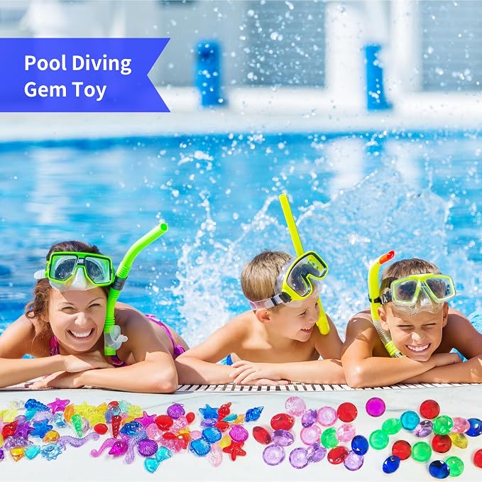 60Pcs Sea Shell Diving Gem Toys 1.57in Large Acrylic Plastic Diamond | 15 Pcs Colorful Gems 45+ Pcs Fake Seashells for Kids Mermaid Pool Party Favors, Pirate Treasure