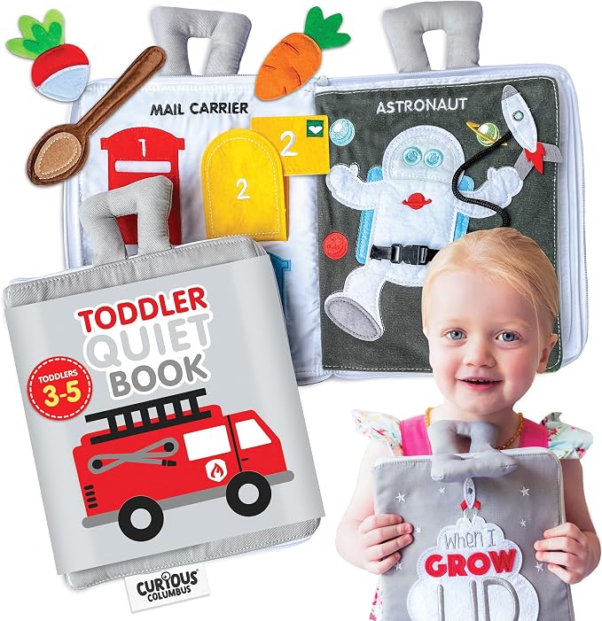 Curious Columbus When I Grow Up Quiet Book, Fabric Busy Book for Travel | 10 Interactive Pages, Astronaut, Firefighter, Chef and Farmer Roles, Snap Fasteners, Book Zips Closed with Carry Handles