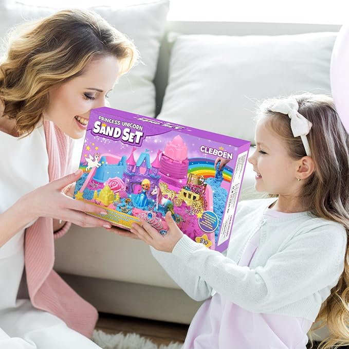 TUZT Princess Unicorn Sensory Bin Sandbox for Girl Kid Toys, 2lbs Color Sensory Sand & 6 Castle Molds & Play Kits, Sand Box Toys for Kids Girls Toddlers 3 4 5 6 7 8 Christmas Birthday Gift