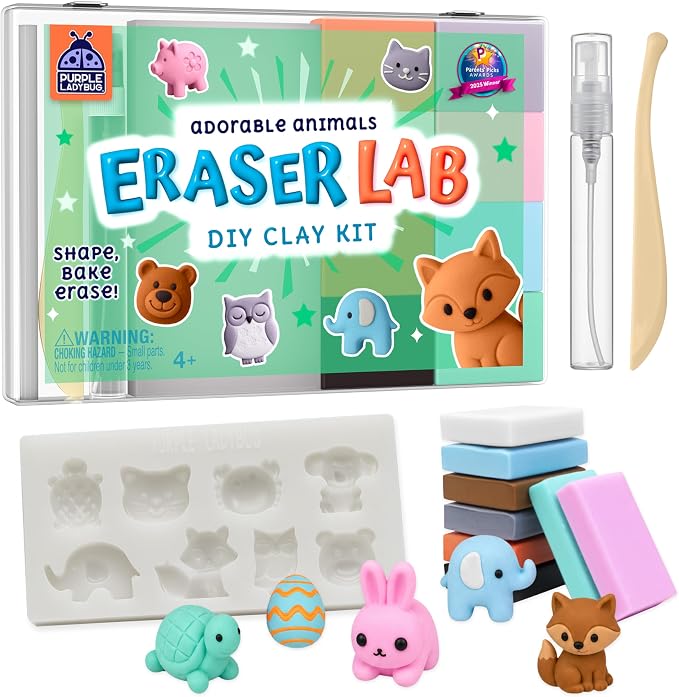 DIY Clay Cute Mini Animal Eraser Kit for Kids Ages 4-12 | Birthday Gifts for Girls & Boys, Students Desk Pet Animals, Make Your Own Erasers, Arts and Crafts