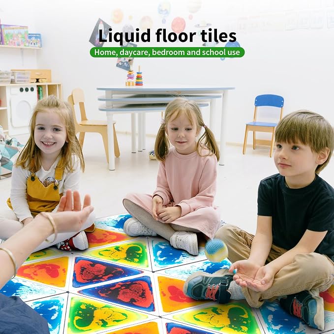 LONGKING 4-Sheet Liquid Triangle Sensory Tiles, Colorful Floor Tile for Play Centers, Playroom, Lava Tiles, 12.7" x 14.7" | Sensory floor tiles, soft liquid gel, 12.7"x14.7", color movement play mat, playroom classroom daycare, 4-sheet