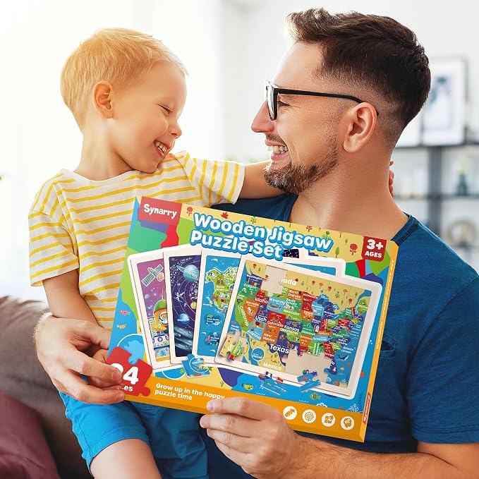 SYNARRY Large USA Map, World Map & Solar System Wooden Puzzles Ages 4-6 | Puzzles for Kids Ages 3-5, Birthday Gifts for Boys & Girls, Educational Geography & STEM Toys, Screen-Free Play
