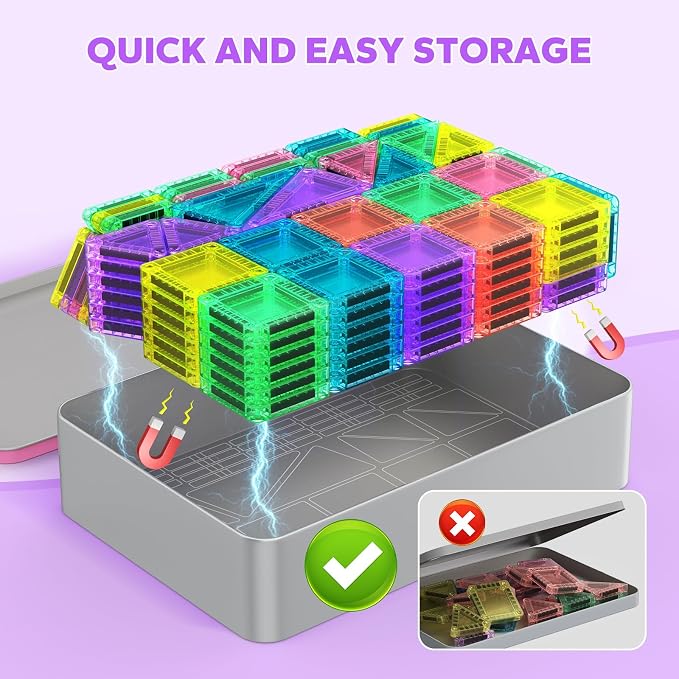 BAIJLE 140PCS Mini Magnetic Tiles, Portable Magnetic Toys Travel Set with Iron Case for Kids Ages 4-8,Creativity Boosting Building Toys Set,Toddler Puzzle Birthday Gift Toys for Boys and Girls Ages 3+