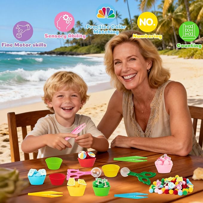 EZdhuawuse Summer Sensory Bin Fillers - 268Pcs Summer Beach Fine Motor Toys Counting Sorting for Kids, Felt Beach Ball Palm Tree Pom Poms Cup Clip for Preschool Education Birthday Gift Party Favors